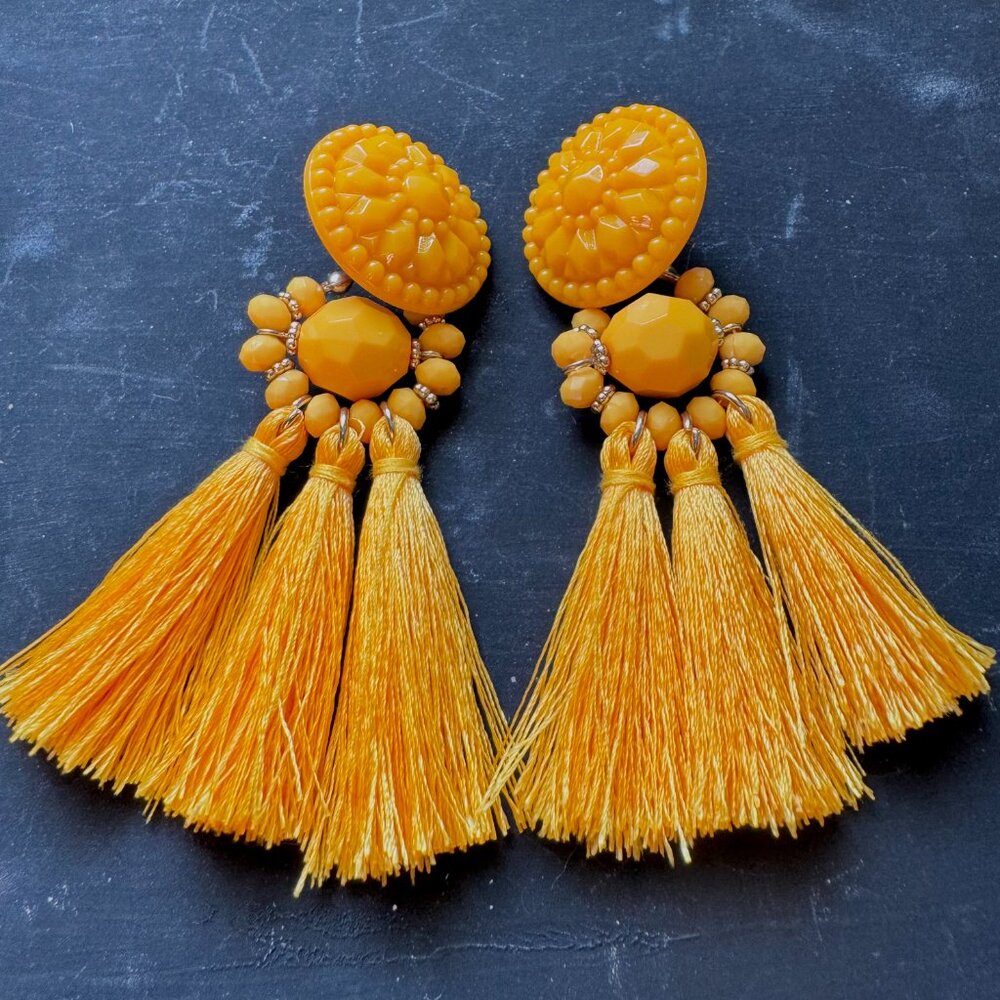 Bold Yellow Statement Tassel Drop Earrings